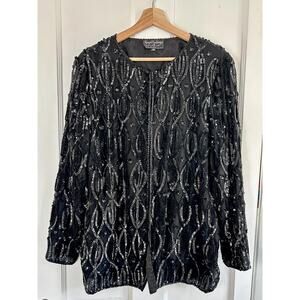 Vintage 90s Sequin Silk Blazer Women’s M | Black Sparkly Evening Jacket